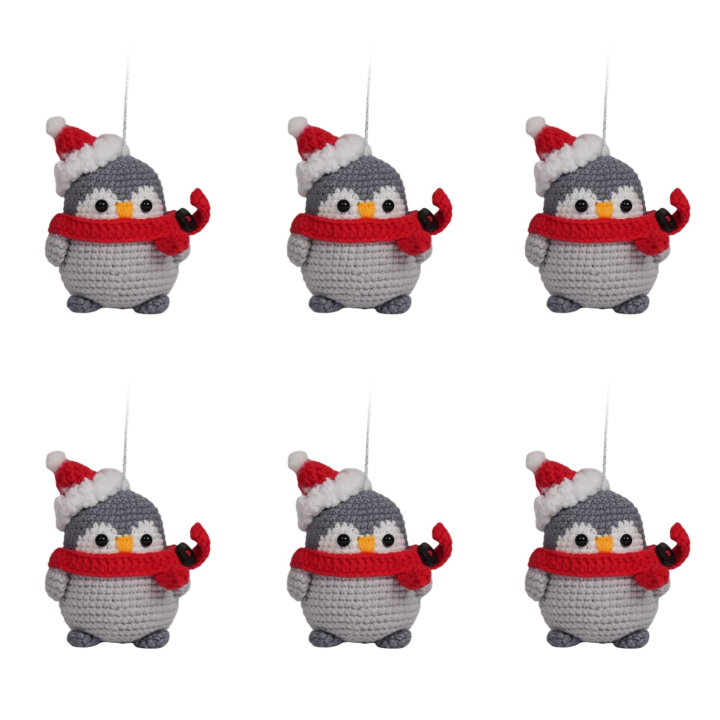 migurumi Penguin Christmas Ornament Red Scarf 6 Pack