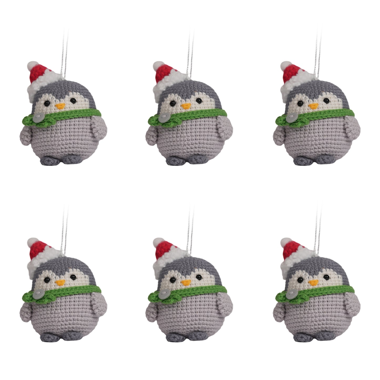 Amigurumi Penguin Christmas Ornament Green Scarf 6 Pack