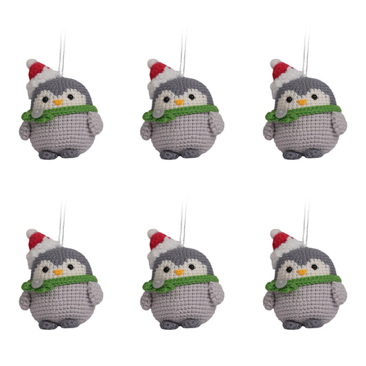 Amigurumi Penguin Christmas Ornament Green Scarf 6 Pack